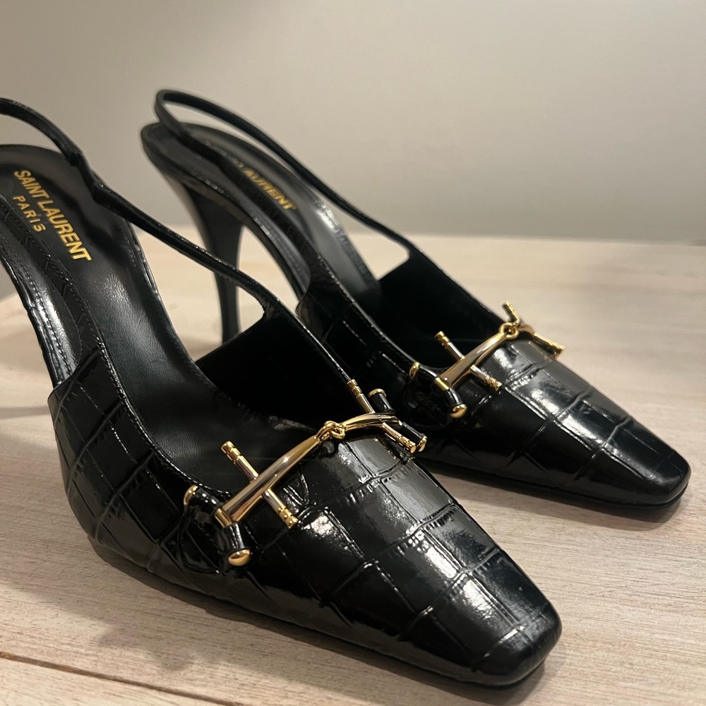 SAINT LAURENT BLADE SLINGBACK PUMPS IN CROCODILE-EMBOSSED PATENT LEATHER